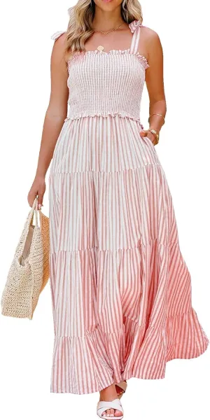 R.Vivimos Women's Summer Cotton Adjustable Straps Boho Stripe Casual Flowy A Line Midi Dress with Pockets