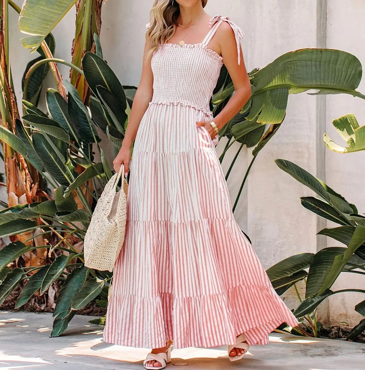 R.Vivimos Women's Summer Cotton Adjustable Straps Boho Stripe Casual Flowy A Line Midi Dress with Pockets