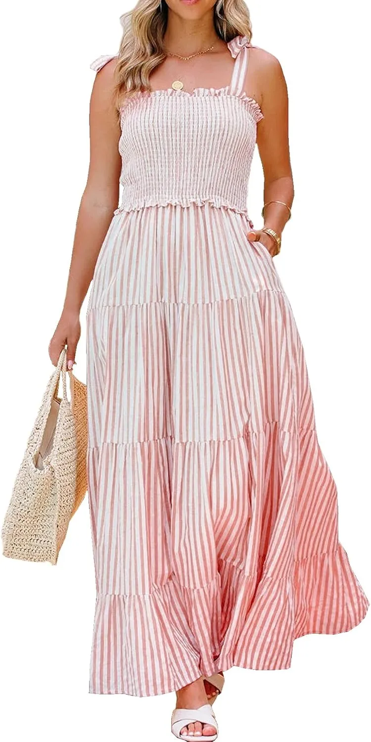 R.Vivimos Women's Summer Cotton Adjustable Straps Boho Stripe Casual Flowy A Line Midi Dress with Pockets