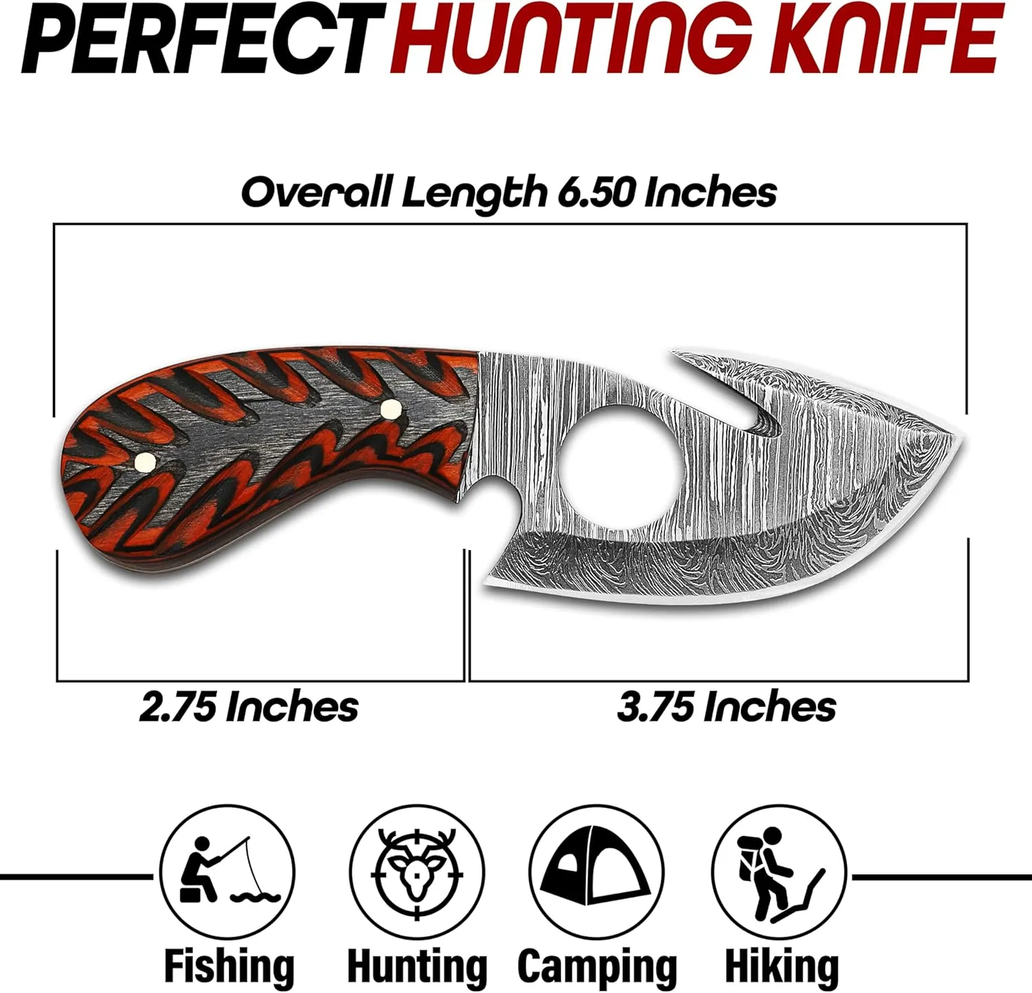 RYOBA Damascus Skinning Knife with Hook Handmade Damascus Steel Fixed Blade Skinning Hunting Knife With Gut Hook (Orange/Black)