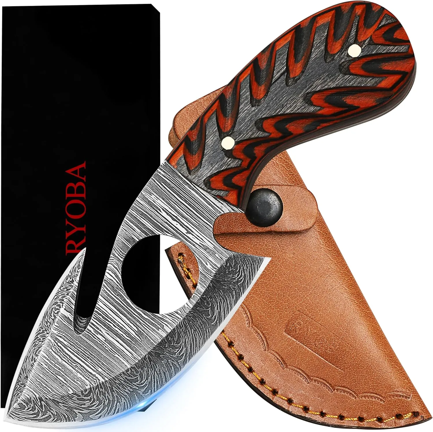 RYOBA Damascus Skinning Knife with Hook Handmade Damascus Steel Fixed Blade Skinning Hunting Knife With Gut Hook (Orange/Black)