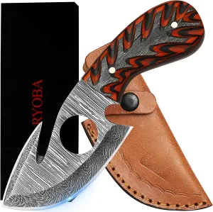 RYOBA Damascus Skinning Knife with Hook Handmade Damascus Steel Fixed Blade Skinning Hunting Knife With Gut Hook (Orange/Black)