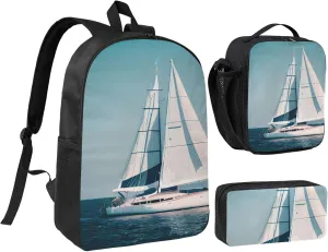 Sailboat Ship Landscape print Backpack 3pcs Set Including 17 Inch Large BookBag With Lunch Bag And Practical Pen Bag