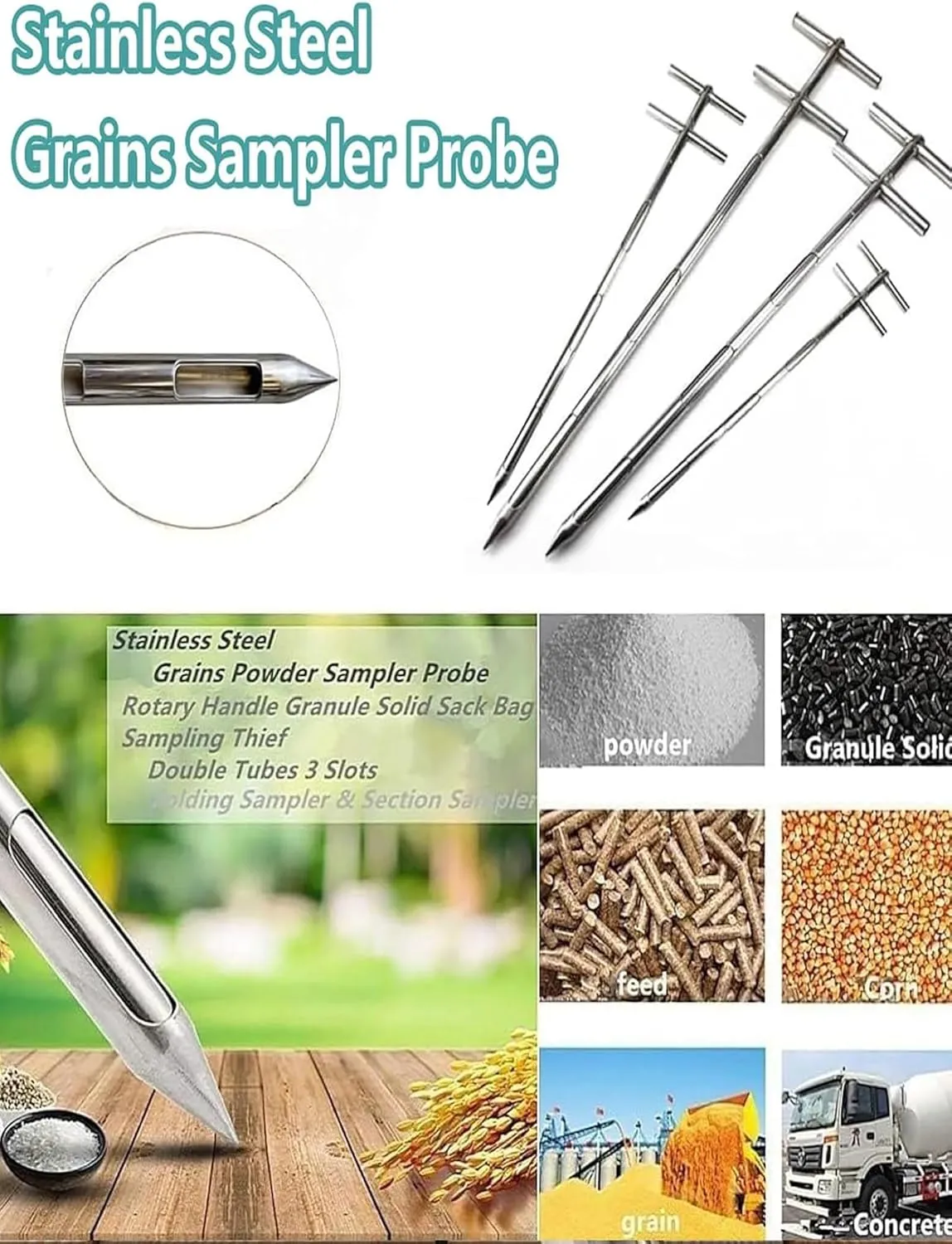 Sampler Grain Sampling Probe,StainlessFoldable Steel Grains Sampler Probe Rotary Handle Granule Solid Sack Bag Sampling Thief(3.2cm,300cm/118in)