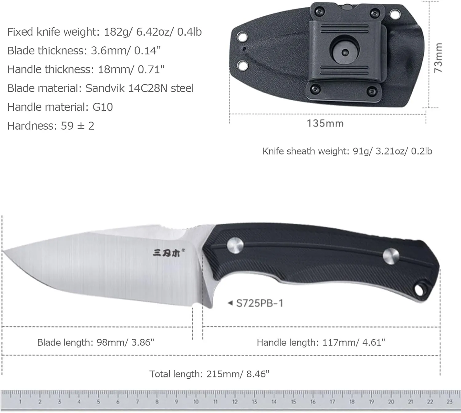 Sanrenmu Fixed Blade Knife Full Tang 3.86" 14C28N Blade with Rotatable Sheath G10 Handle EDC Utility for Outdoor, Survival, Hiking, Camping S725P (Black)