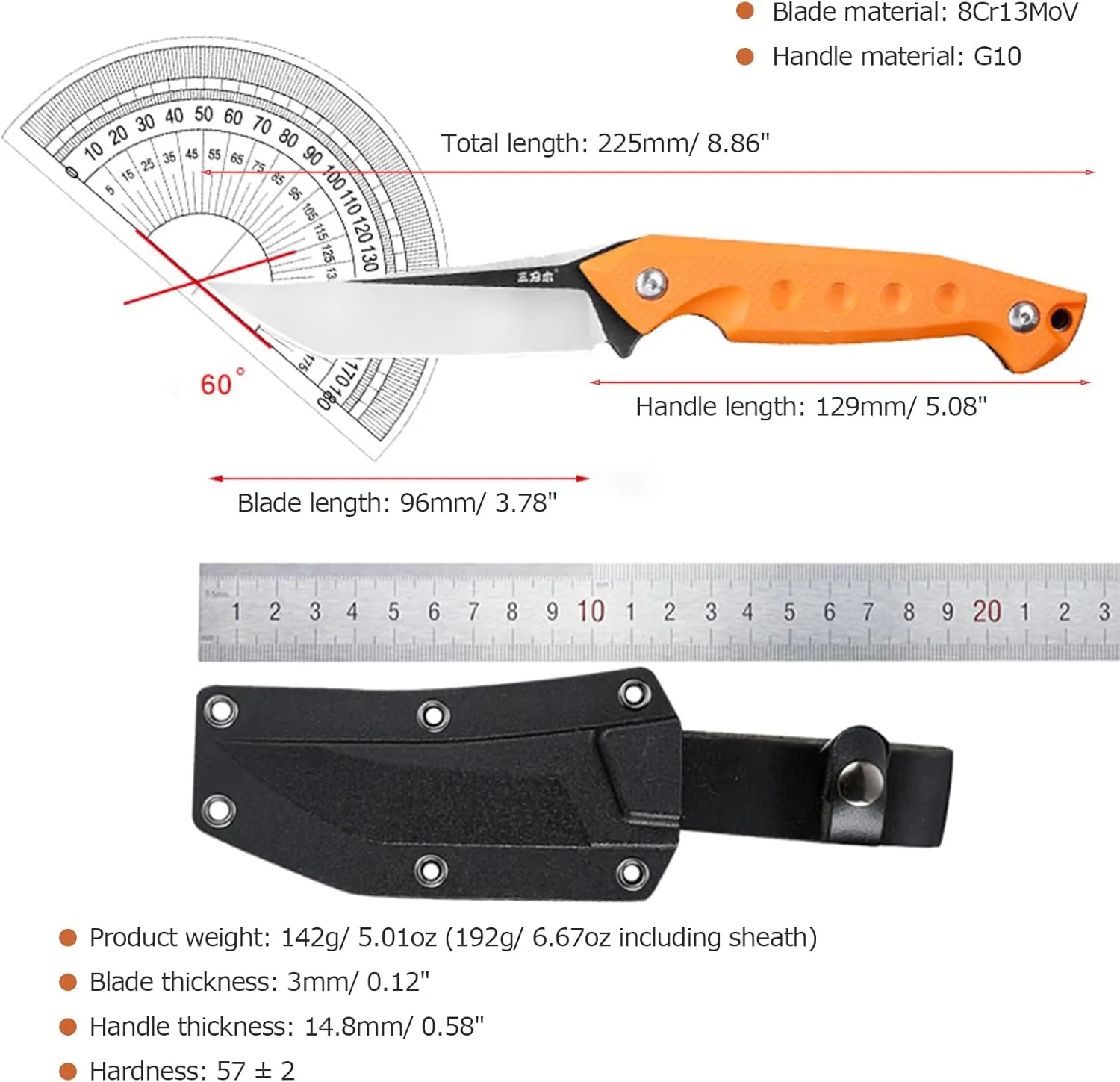 Sanrenmu Fixed Blade Knife with Sheath, Full Tang S761 8.86" Length 8Cr13Mov Blade G10 Handle Utility for Outdoor Camping Survival (Orange)