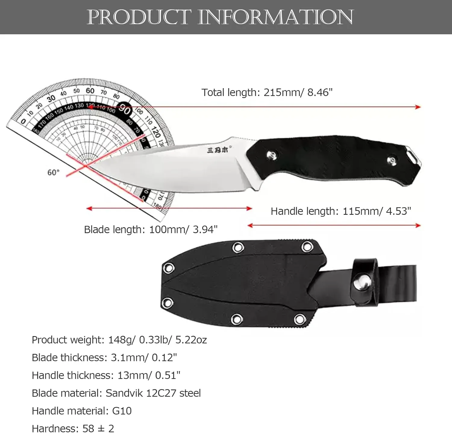 Sanrenmu Fixed Blade Knife with Sheath Outdoor Knife G10 Handle 12C27 Steel Material Blade 3.94 Inch S718 (Black)