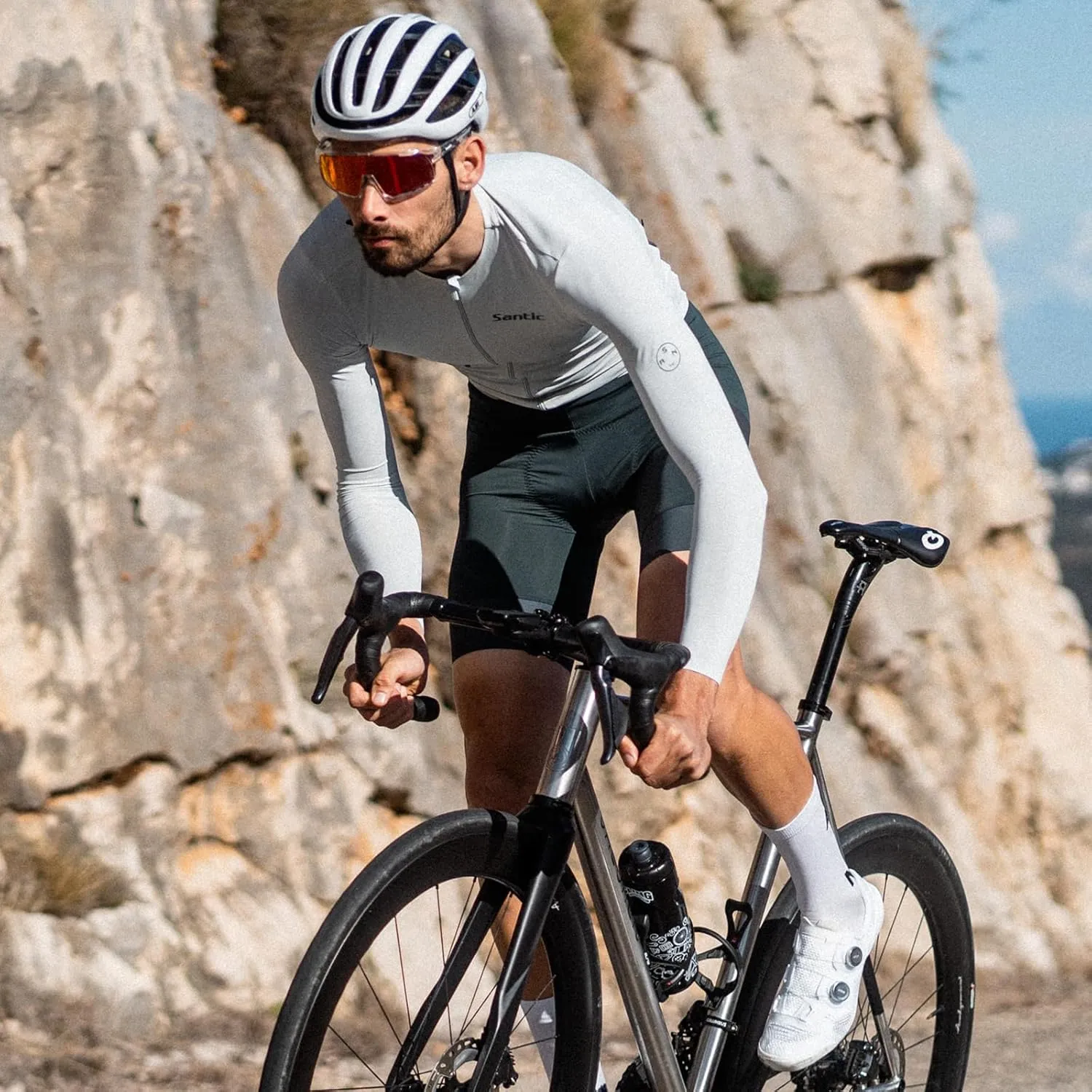 Santic Men's Cycling Jersey Long Sleeve Pro Bicycle Bike Shirt Full Zipper UPF 50  MTB Jersey with Pockets