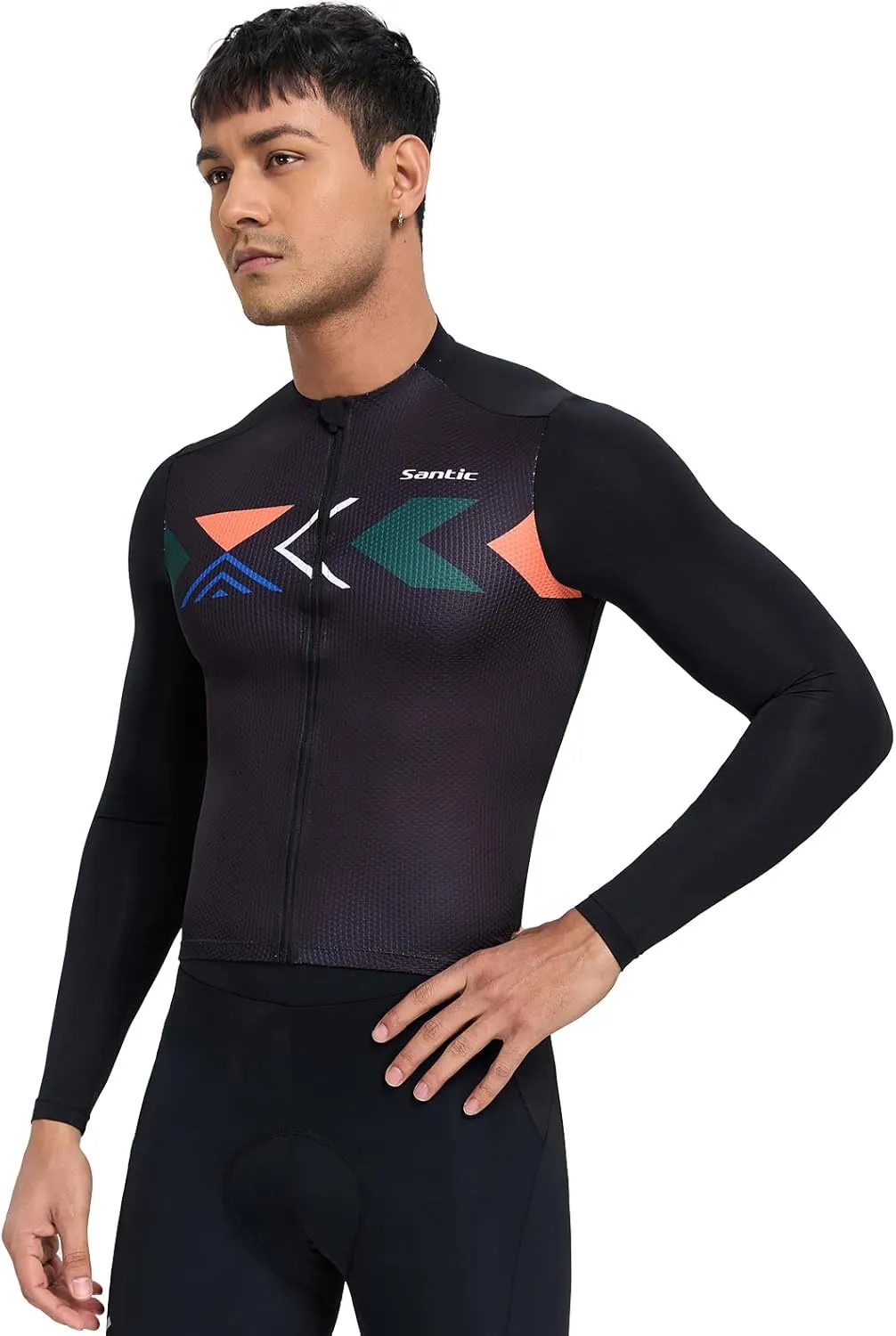 Santic Men's Cycling Jersey Long Sleeve Top Road Bike Shirt Full Zipper UPF 50  MTB Jersey with Pockets