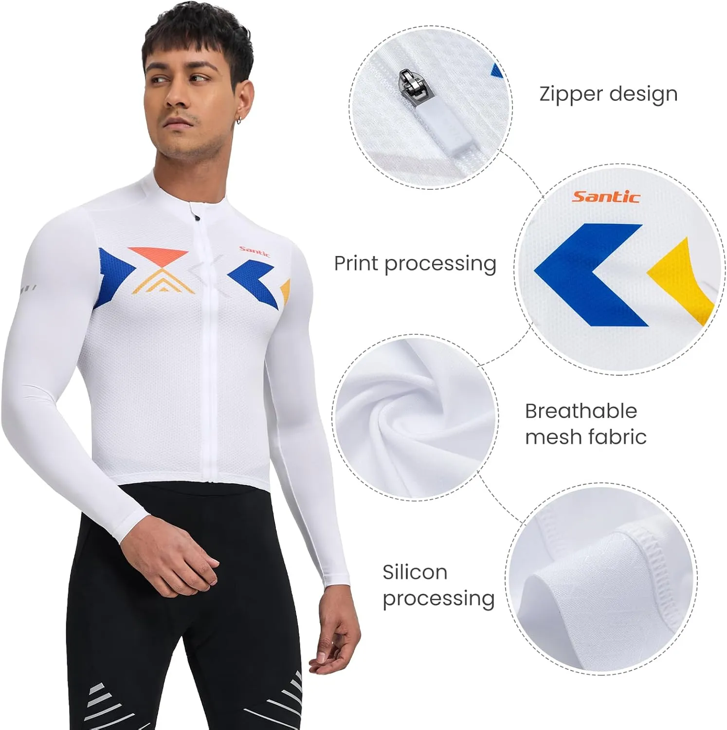 Santic Men's Cycling Jersey Long Sleeve Top Road Bike Shirt Full Zipper UPF 50  MTB Jersey with Pockets