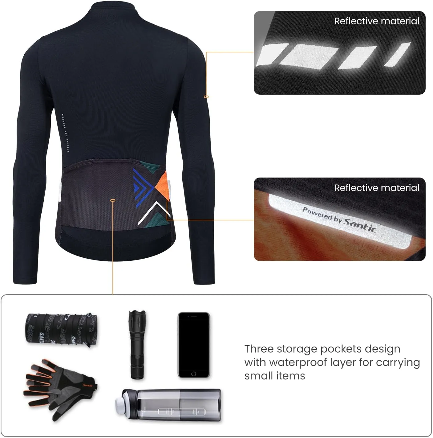 Santic Men's Cycling Jersey Long Sleeve Top Road Bike Shirt Full Zipper UPF 50  MTB Jersey with Pockets
