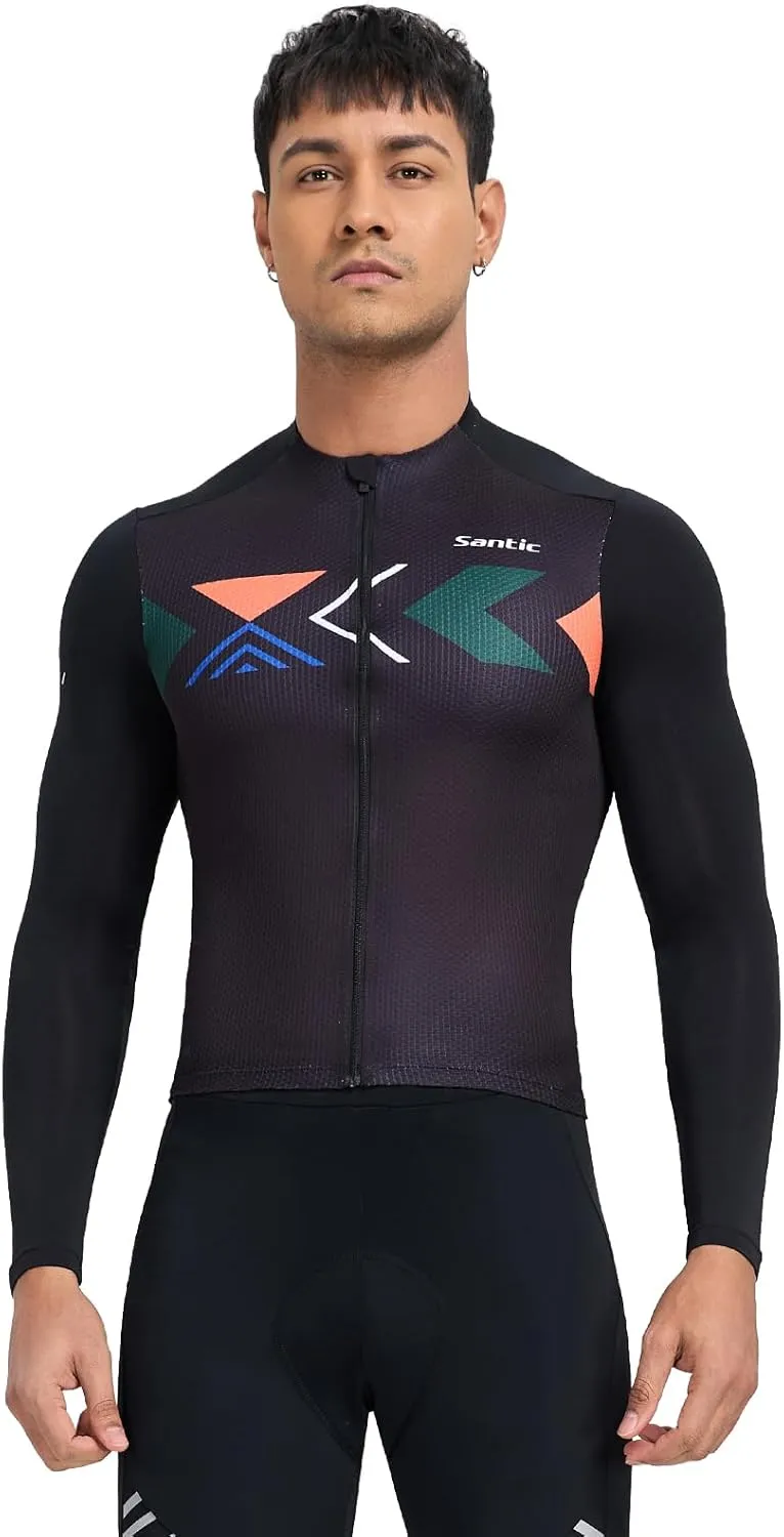 Santic Men's Cycling Jersey Long Sleeve Top Road Bike Shirt Full Zipper UPF 50  MTB Jersey with Pockets