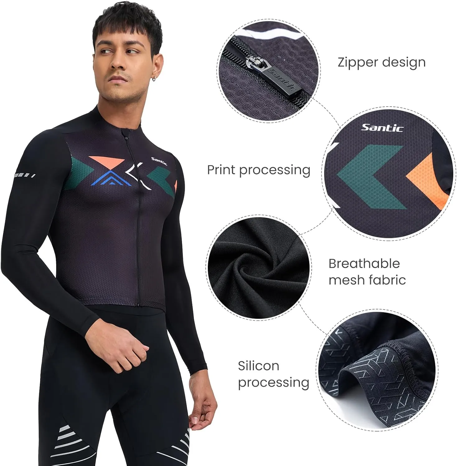 Santic Men's Cycling Jersey Long Sleeve Top Road Bike Shirt Full Zipper UPF 50  MTB Jersey with Pockets