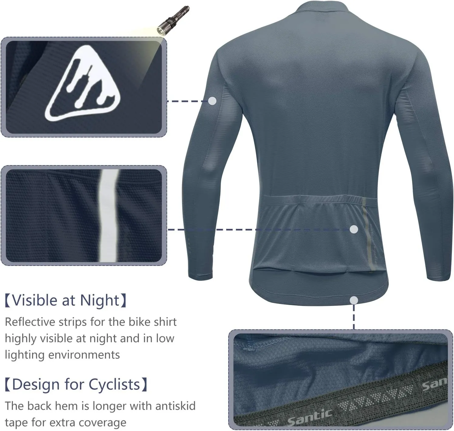 Santic Men's Cycling Jersey Long Sleeve Top Road Bike Shirt Full Zipper UPF 50  MTB Jersey with Pockets