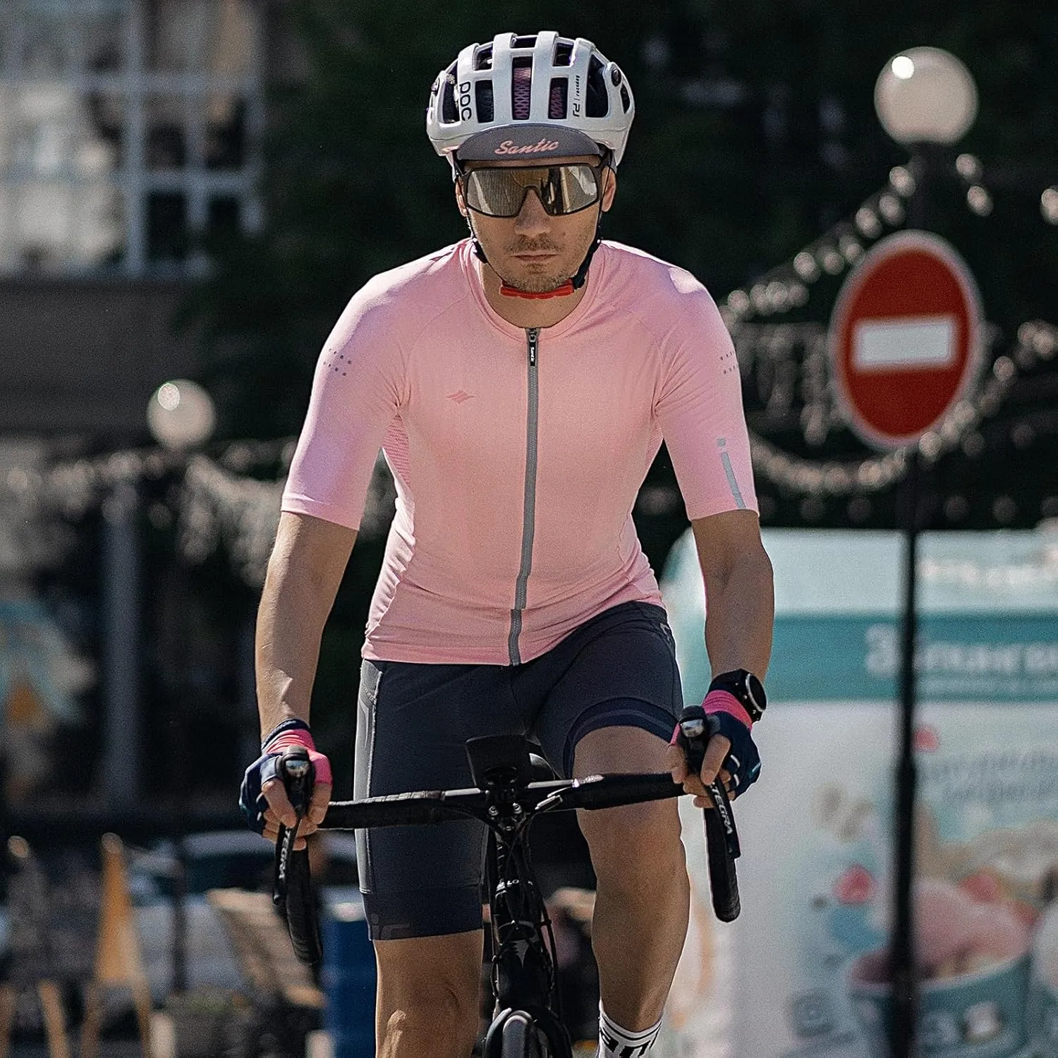 Santic Men's Cycling Jersey Short Sleeve Tops Pro Road Bike Shirt Full Zipper UPF 50  MTB Jersey with Pockets