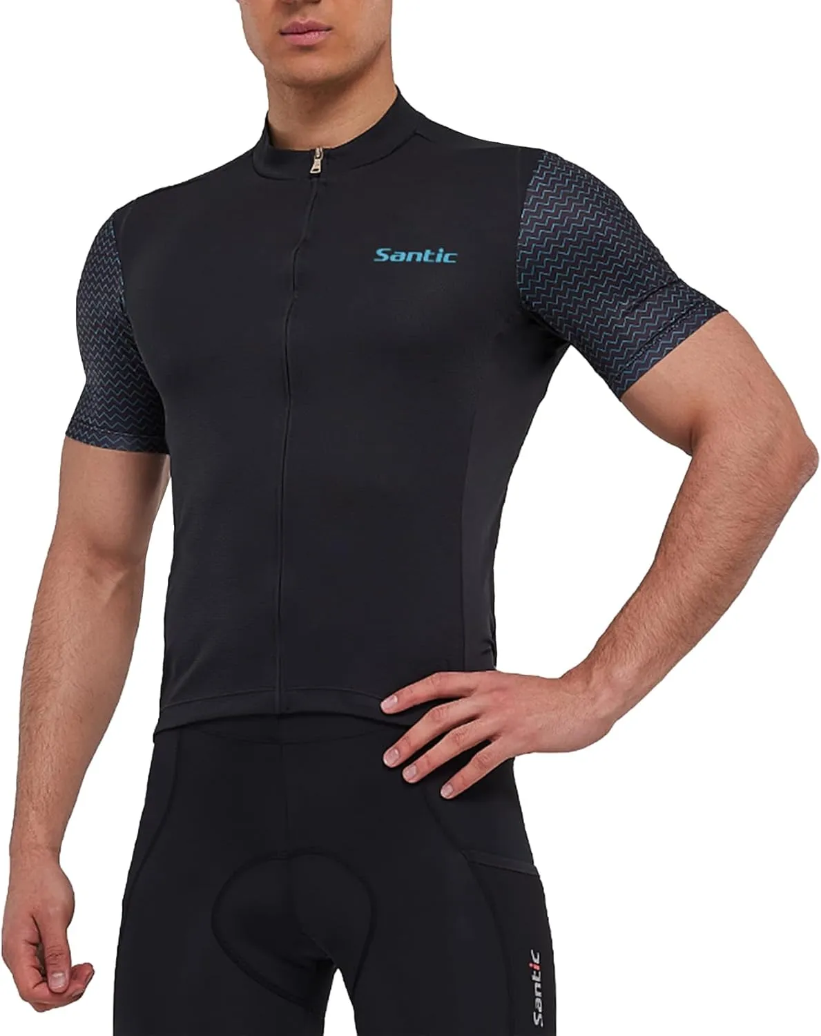 Santic Men's Cycling Jersey Short Sleeve Tops Pro Road Bike Shirt Full Zipper UPF 50  MTB Jersey with Pockets