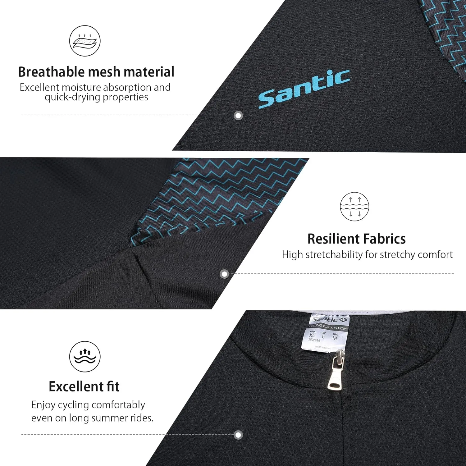 Santic Men's Cycling Jersey Short Sleeve Tops Pro Road Bike Shirt Full Zipper UPF 50  MTB Jersey with Pockets