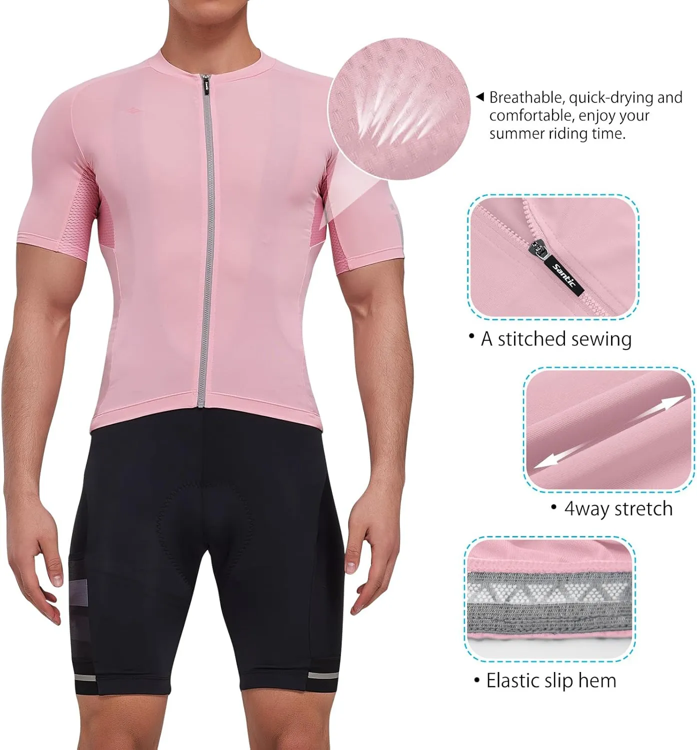 Santic Men's Cycling Jersey Short Sleeve Tops Pro Road Bike Shirt Full Zipper UPF 50  MTB Jersey with Pockets