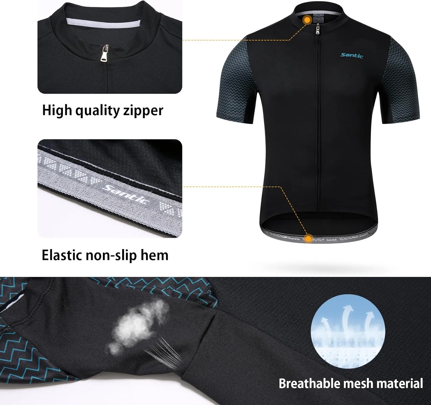Santic Men's Cycling Jersey Short Sleeve Tops Pro Road Bike Shirt Full Zipper UPF 50  MTB Jersey with Pockets