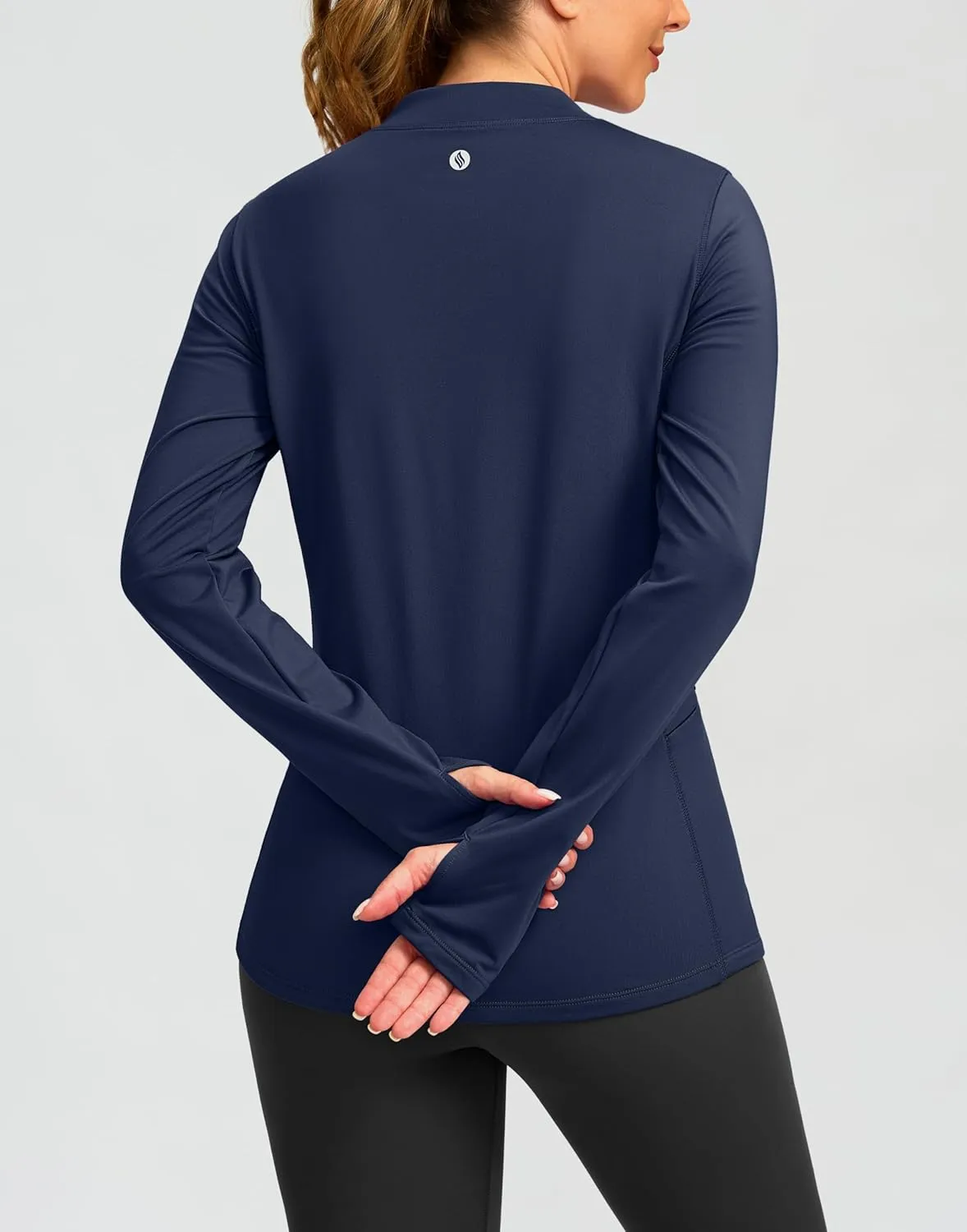SANTINY Long Sleeve Thermal Shirts for Women Fleece Mock Neck Tops Winter Workout Running Gear with Zipper Pockets