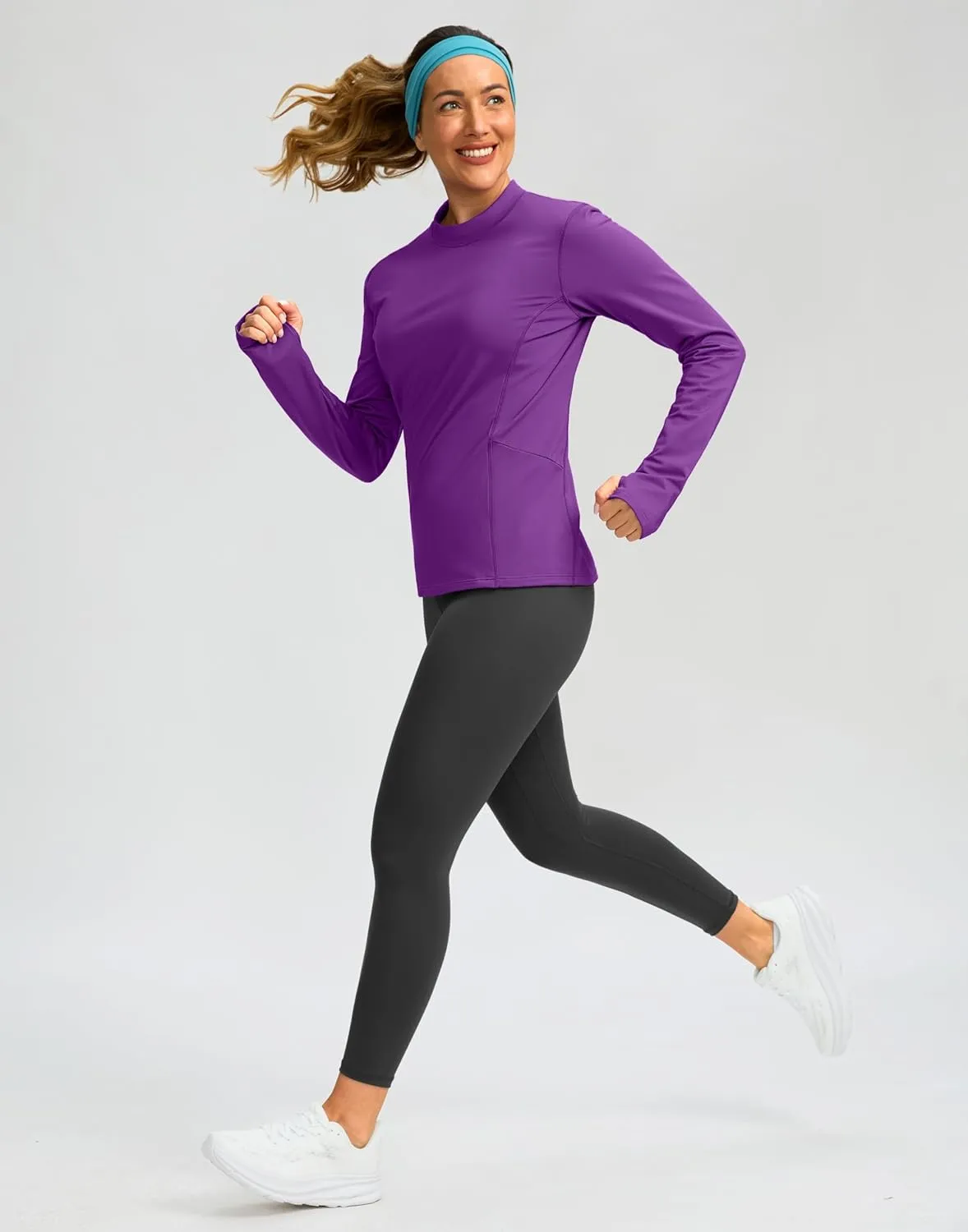 SANTINY Long Sleeve Thermal Shirts for Women Fleece Mock Neck Tops Winter Workout Running Gear with Zipper Pockets