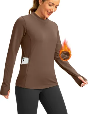 SANTINY Long Sleeve Thermal Shirts for Women Fleece Mock Neck Tops Winter Workout Running Gear with Zipper Pockets