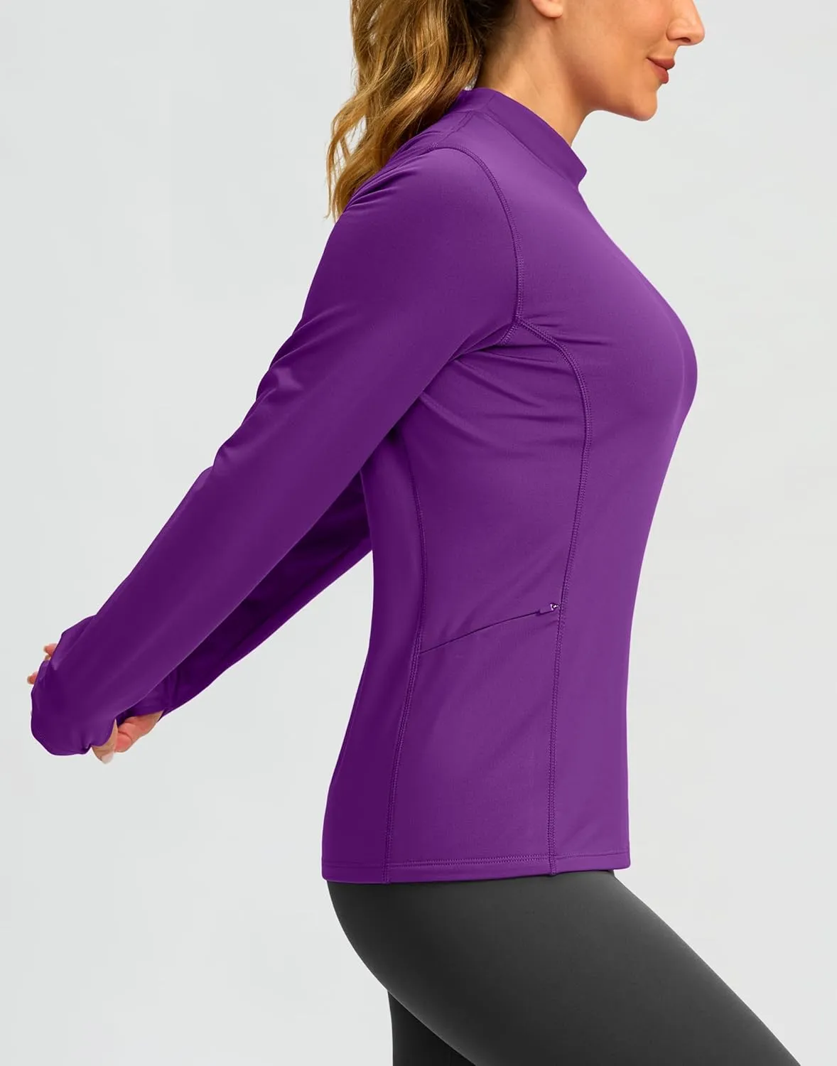 SANTINY Long Sleeve Thermal Shirts for Women Fleece Mock Neck Tops Winter Workout Running Gear with Zipper Pockets