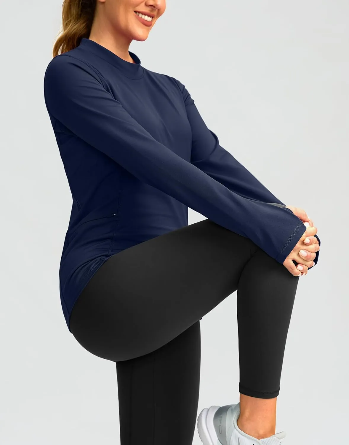 SANTINY Long Sleeve Thermal Shirts for Women Fleece Mock Neck Tops Winter Workout Running Gear with Zipper Pockets