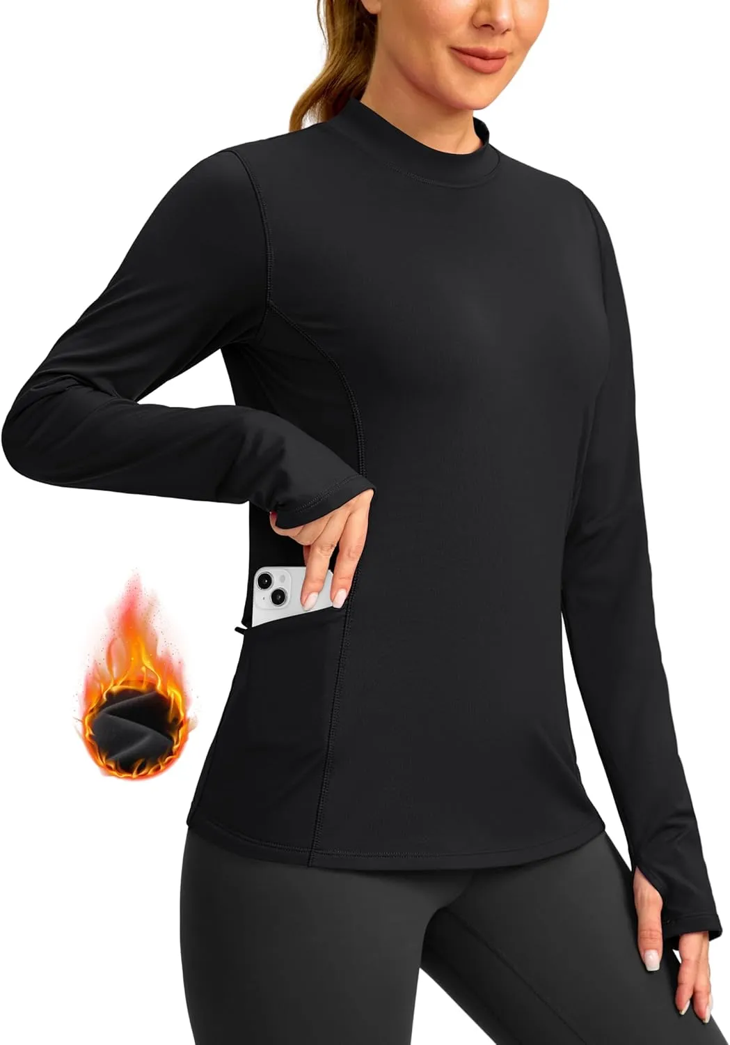 SANTINY Long Sleeve Thermal Shirts for Women Fleece Mock Neck Tops Winter Workout Running Gear with Zipper Pockets