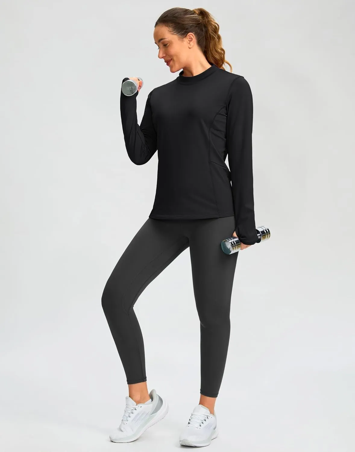 SANTINY Long Sleeve Thermal Shirts for Women Fleece Mock Neck Tops Winter Workout Running Gear with Zipper Pockets