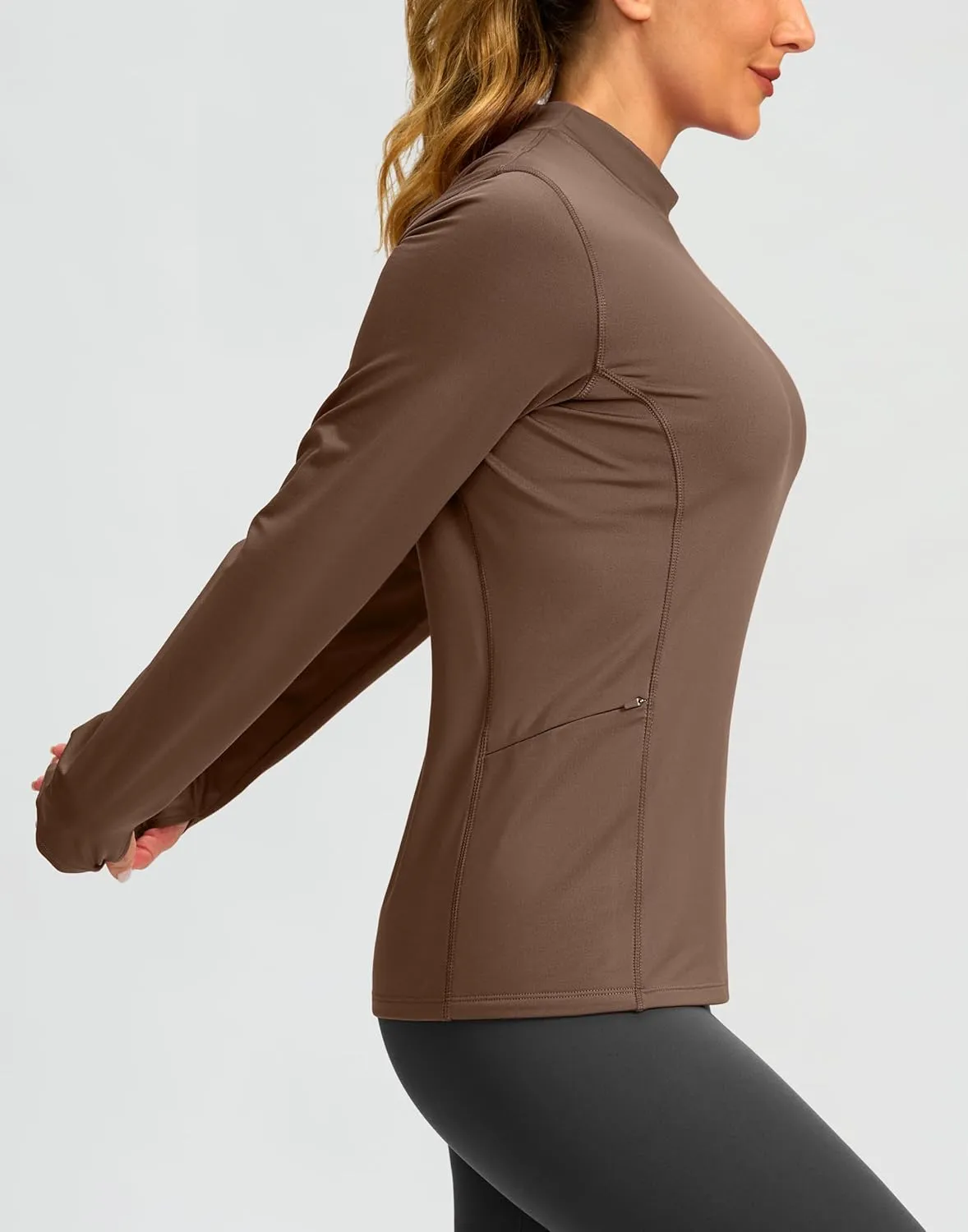 SANTINY Long Sleeve Thermal Shirts for Women Fleece Mock Neck Tops Winter Workout Running Gear with Zipper Pockets