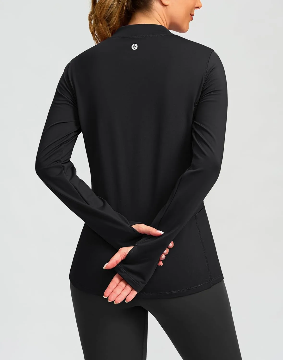 SANTINY Long Sleeve Thermal Shirts for Women Fleece Mock Neck Tops Winter Workout Running Gear with Zipper Pockets