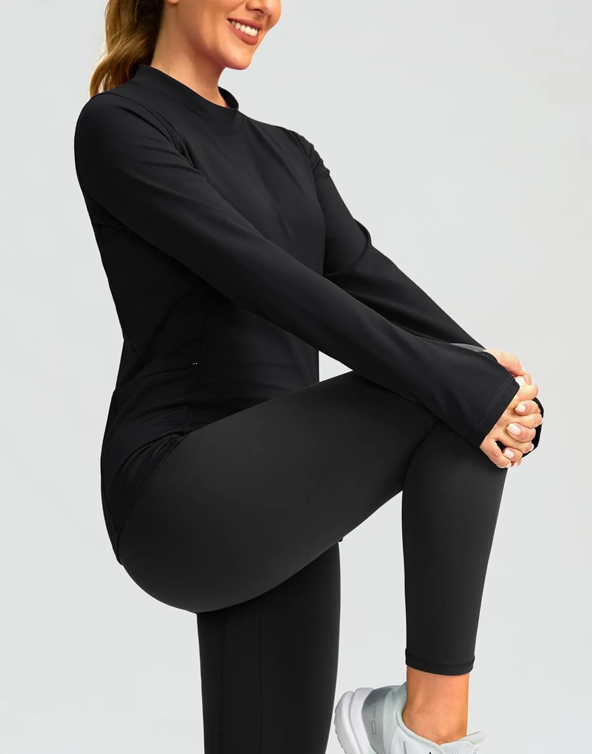 SANTINY Long Sleeve Thermal Shirts for Women Fleece Mock Neck Tops Winter Workout Running Gear with Zipper Pockets
