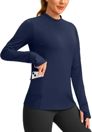 SANTINY Long Sleeve Thermal Shirts for Women Fleece Mock Neck Tops Winter Workout Running Gear with Zipper Pockets