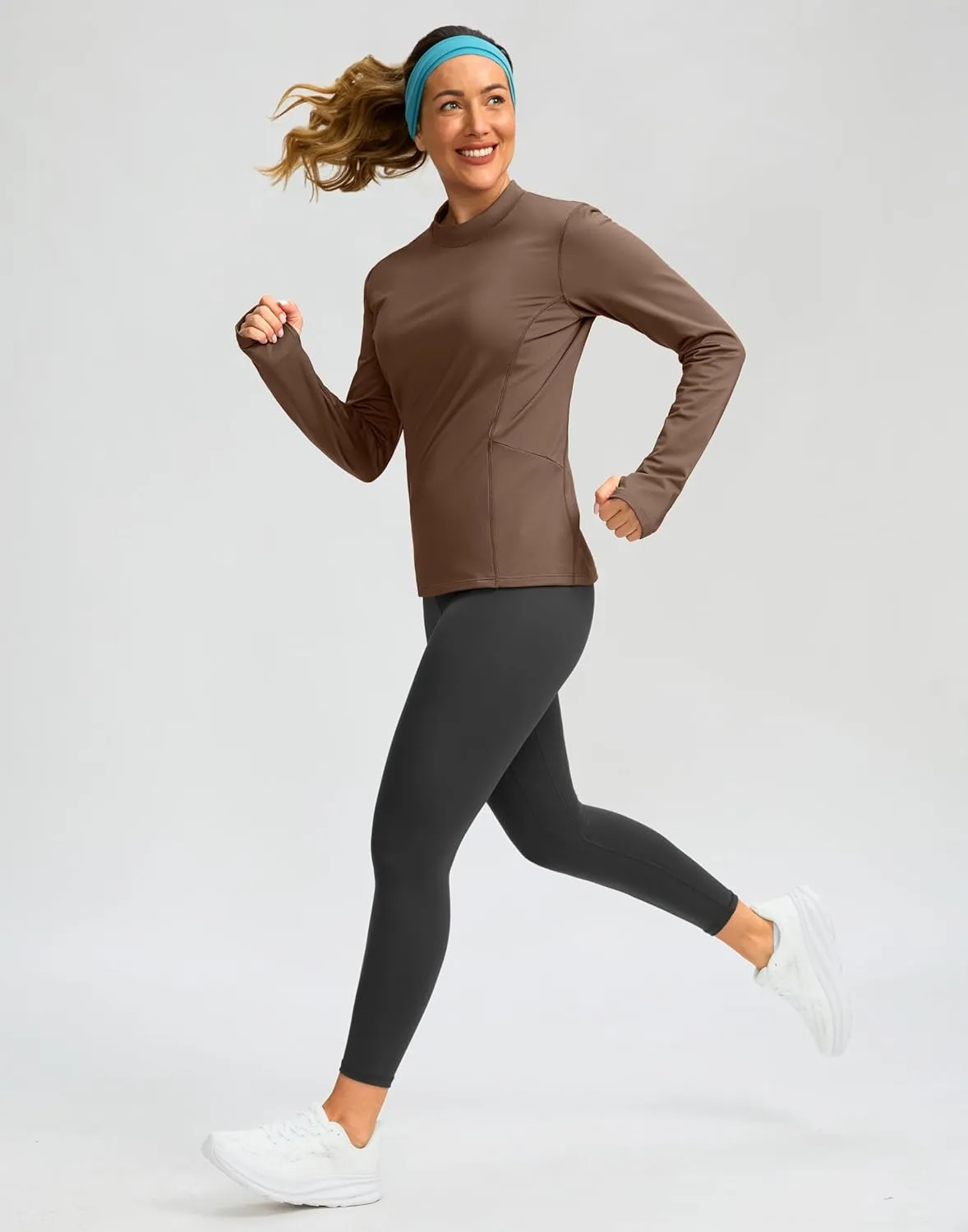 SANTINY Long Sleeve Thermal Shirts for Women Fleece Mock Neck Tops Winter Workout Running Gear with Zipper Pockets