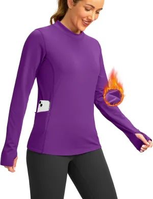 SANTINY Long Sleeve Thermal Shirts for Women Fleece Mock Neck Tops Winter Workout Running Gear with Zipper Pockets