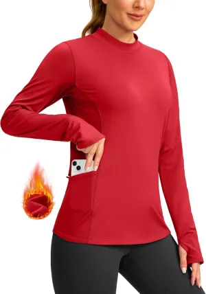 SANTINY Long Sleeve Thermal Shirts for Women Fleece Mock Neck Tops Winter Workout Running Gear with Zipper Pockets(Red_XXL)
