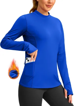 SANTINY Long Sleeve Thermal Shirts for Women Fleece Mock Neck Tops Winter Workout Running Gear with Zipper Pockets(Slate Blue_XL)