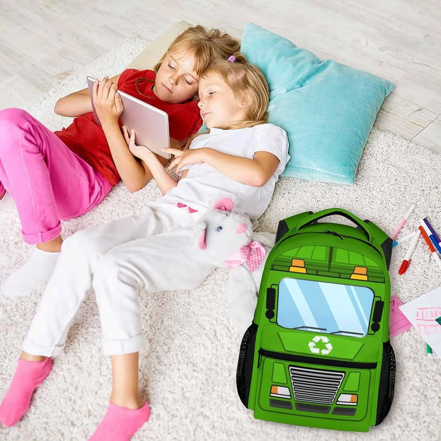 School Backpacks for Children, 17" Garbage Truck Backpack for Kids Boys, Lightweight Cartoon Garbage Truck Bookbag for Kindergarten Primary, Back to School Essentials Gifts