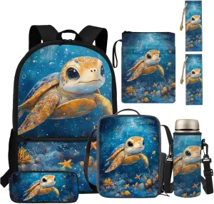 Sea Turtle Backpack and Lunchbox Cute Lightweight Boys Backpack 6-8 Years Old Ocean Themed Insulated Lunch Bag for Camping Casual Daypack 6 in 1