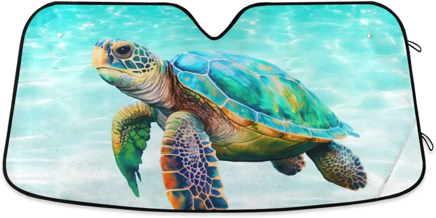 Sea Turtle Teal Windshield Sun Shade for Car Auto SUV Truck Foldable Front Window Sunshade Sun Visor Protector Block UV Rays Reflect Heat, 55" x 28"