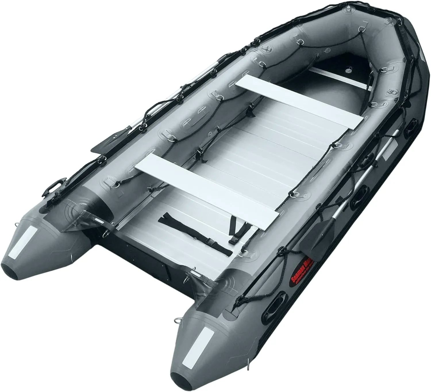 Seamax Ocean430T Commercial Grade Inflatable Boat, 14ft. x 6.4ft, 5 Pontoon Chambers, Aluminum Floor, V Bottom, Max Support 35HP Motor, Coast Guard Standard Reflective Tapes, Multi-Purpose (Dark Grey)