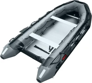 Seamax Ocean430T Commercial Grade Inflatable Boat, 14ft. x 6.4ft, 5 Pontoon Chambers, Aluminum Floor, V Bottom, Max Support 35HP Motor, Coast Guard Standard Reflective Tapes, Multi-Purpose (Dark Grey)