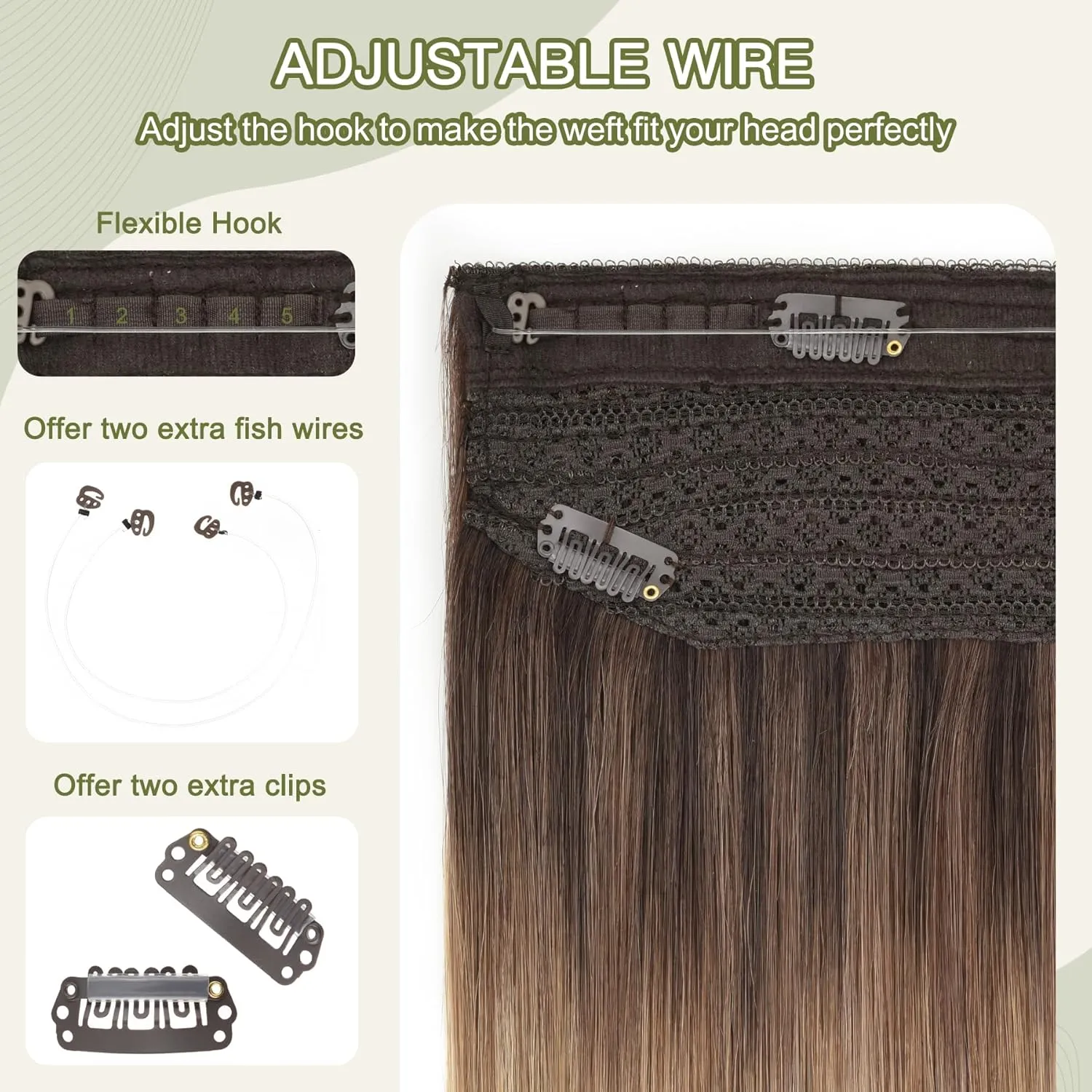 Senmy Invisible Wire Hair Extensions Real Human Hair 20inch Invisible Hair Extensions Brown Fading to Camel Brown Highlight Blonde Hair Extensions Invisible Wire (20 Inch-100g,#3/8/22)