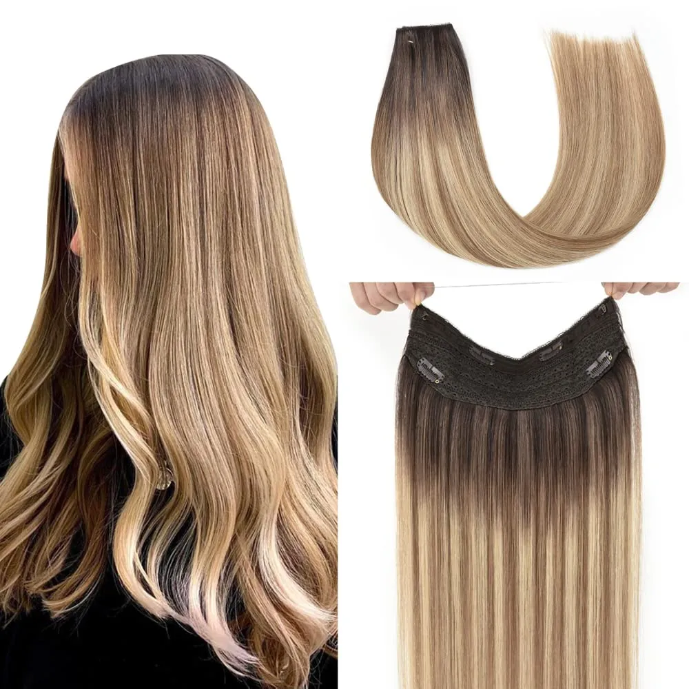 Senmy Invisible Wire Hair Extensions Real Human Hair 20inch Invisible Hair Extensions Brown Fading to Camel Brown Highlight Blonde Hair Extensions Invisible Wire (20 Inch-100g,#3/8/22)