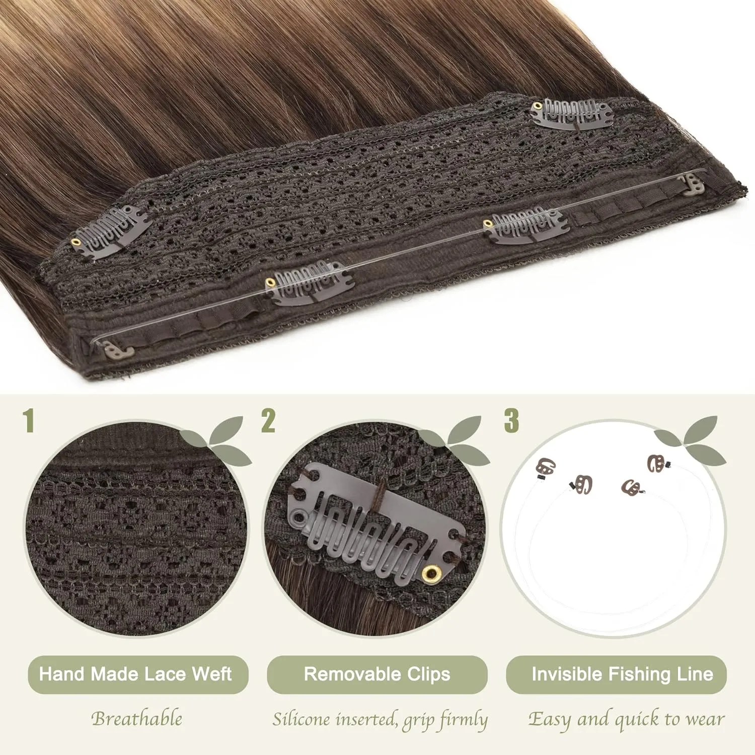 Senmy Invisible Wire Hair Extensions Real Human Hair 20inch Invisible Hair Extensions Brown Fading to Camel Brown Highlight Blonde Hair Extensions Invisible Wire (20 Inch-100g,#3/8/22)