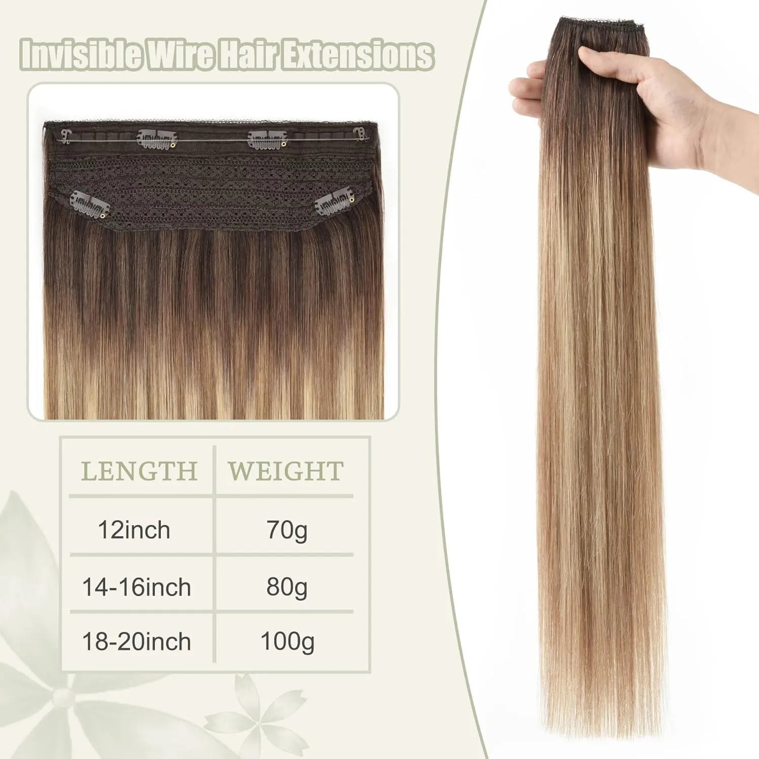 Senmy Invisible Wire Hair Extensions Real Human Hair 20inch Invisible Hair Extensions Brown Fading to Camel Brown Highlight Blonde Hair Extensions Invisible Wire (20 Inch-100g,#3/8/22)