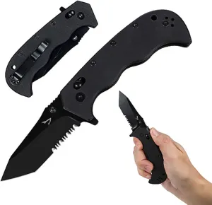 Serrated Tanto Folding Knife, 3" Sharp D2 Blade, 7.5" Total Length, Textured G10 scale, Crossbar Lock, Ball Bearing Pivot, Reversible Clip, Ideal for Hunting, Camping, EDC, D2 Pocket Knife