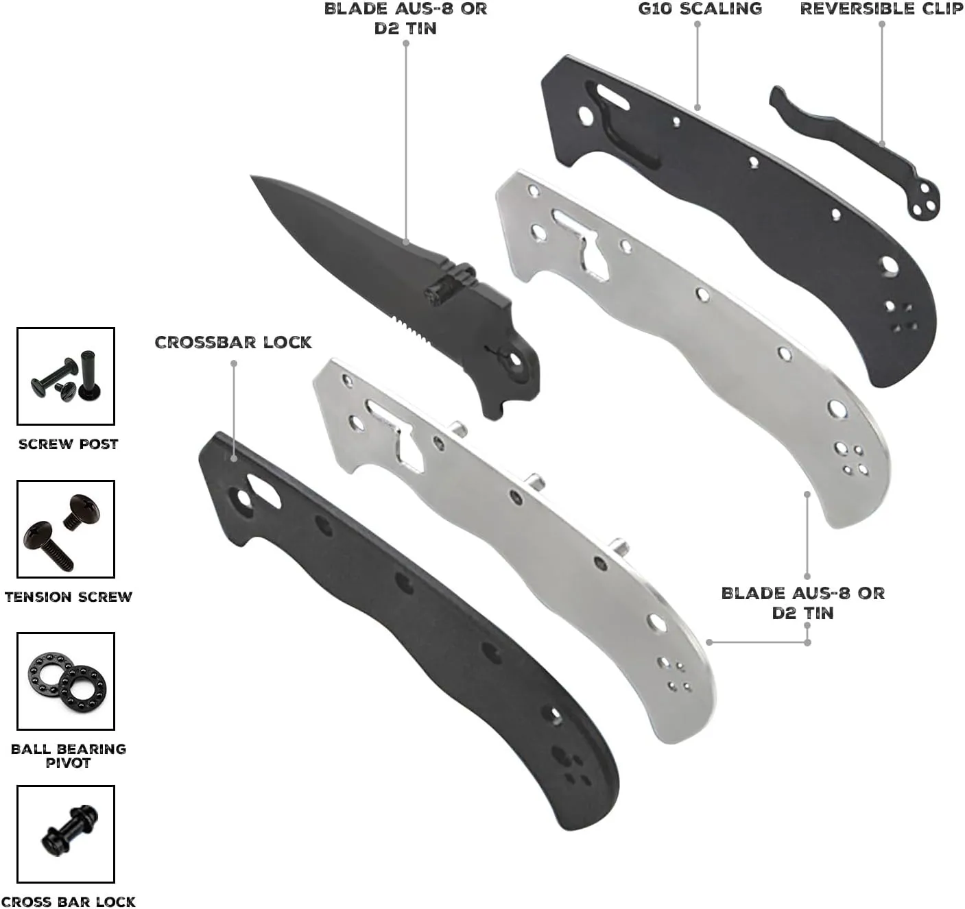Serrated Tanto Folding Knife, 3" Sharp D2 Blade, 7.5" Total Length, Textured G10 scale, Crossbar Lock, Ball Bearing Pivot, Reversible Clip, Ideal for Hunting, Camping, EDC, D2 Pocket Knife