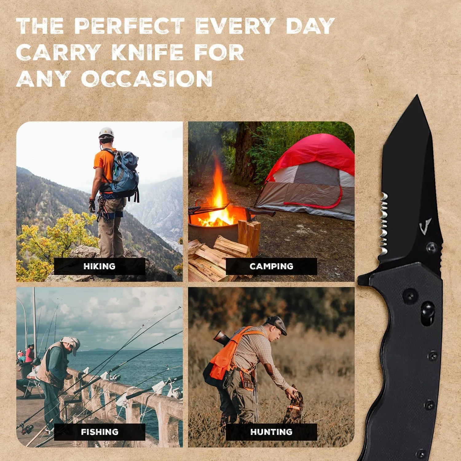 Serrated Tanto Folding Knife, 3" Sharp D2 Blade, 7.5" Total Length, Textured G10 scale, Crossbar Lock, Ball Bearing Pivot, Reversible Clip, Ideal for Hunting, Camping, EDC, D2 Pocket Knife